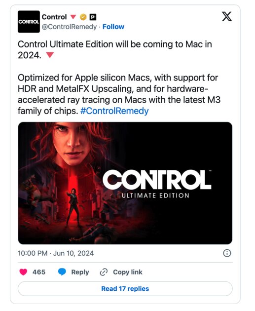 На Mac выйдет Control Ultimate Edition: с трассировкой лучей и апскейлингом MetalFX