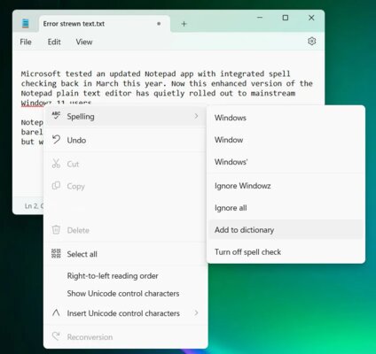Спустя 41 год в «Блокноте» Windows 11 появилась проверка орфографии и автокоррекция