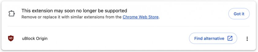 uBlock Origin скоро перестанет работать в Chrome — об этом уведомляет сам браузер