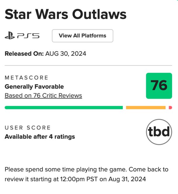 Что происходит? Критики оценили Star Wars Outlaws в 76 баллов из 100