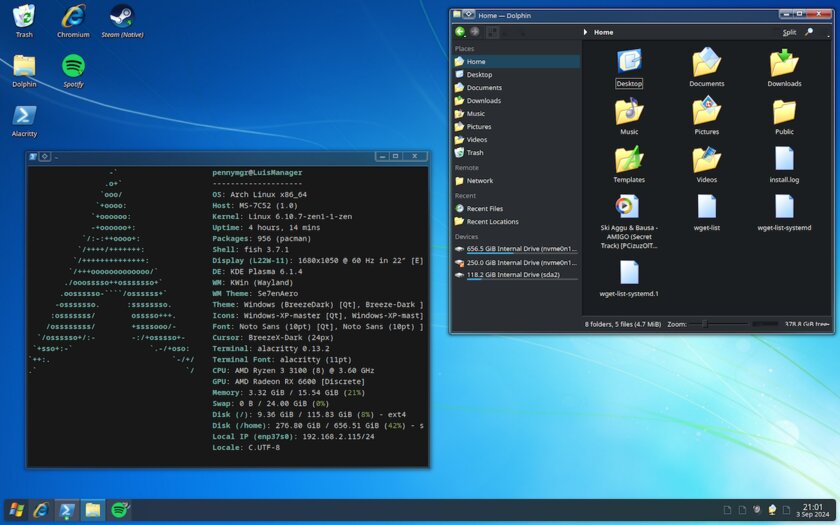 Пользователь показал ПК своего деда — да, он работает на Arch Linux с темой Windows 7