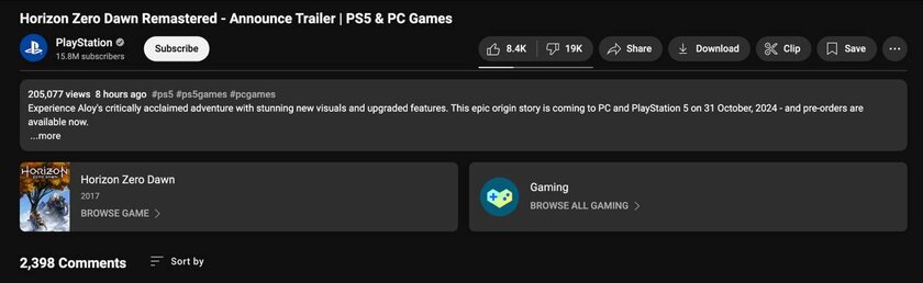 Sony анонсировала ремастер Horizon Zero Dawn для ПК и PS5: трейлер уже утонул в дизлайках