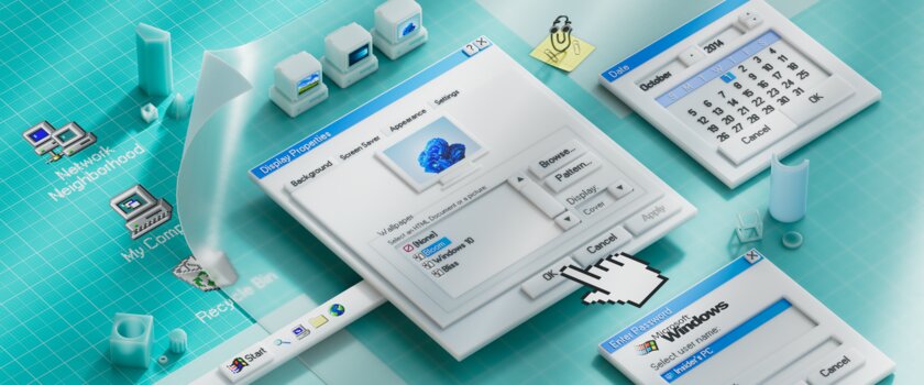 Microsoft выпустила подборку забавных обоев с отсылкой на Windows 95, XP, 10 и 11. И ту самую скрепку