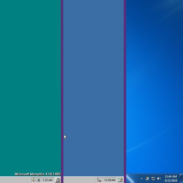 Кнопку рабочего стола задумывали в Win 98 build 1400 (1997), но полноценно появилась она в Win 7