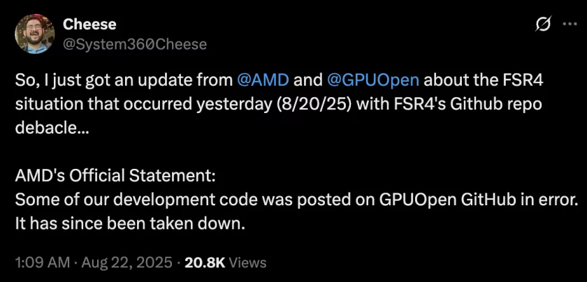 AMD подтвердила, что публикация исходного кода FSR 4 была ошибкой: это уже не имеет значения