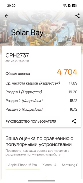 Недорогой смартфон с ёмкой батареей, мощным чипом и богатым набором ИИ: обзор OPPO Reno14 5G — Производительность и тесты. 8