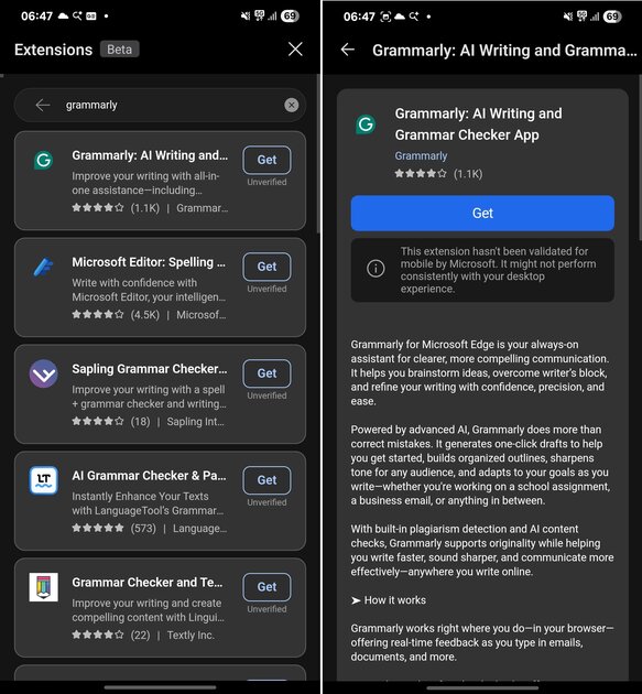 Браузер Edge для Android начинает получать расширения из компьютерной версии
