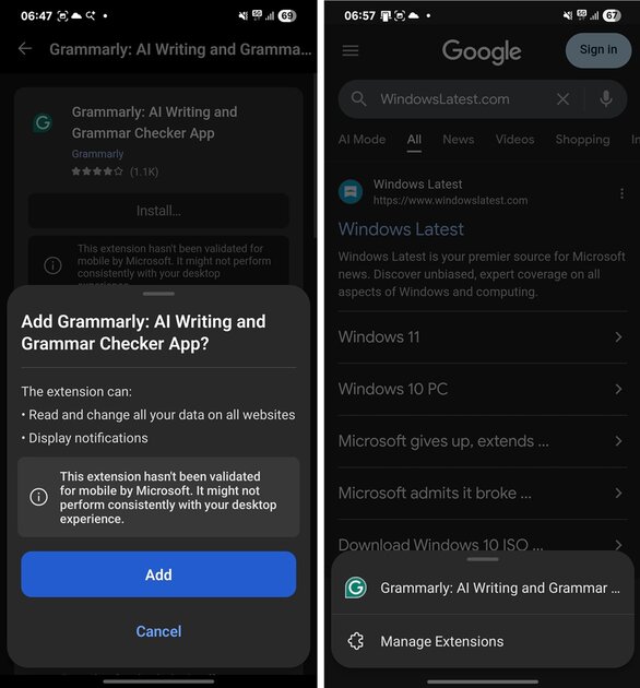 Браузер Edge для Android начинает получать расширения из компьютерной версии