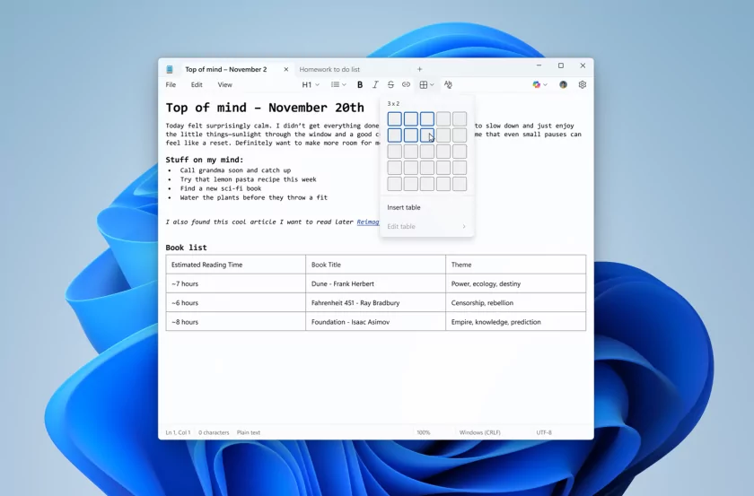«Блокнот» в Windows 11 получил поддержку таблиц