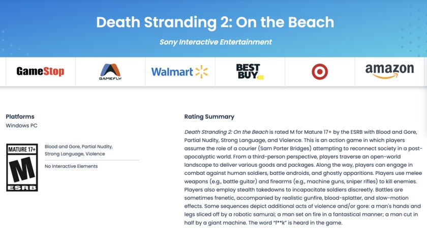 Death Stranding 2 выйдет на ПК: игра уже получила возрастной рейтинг