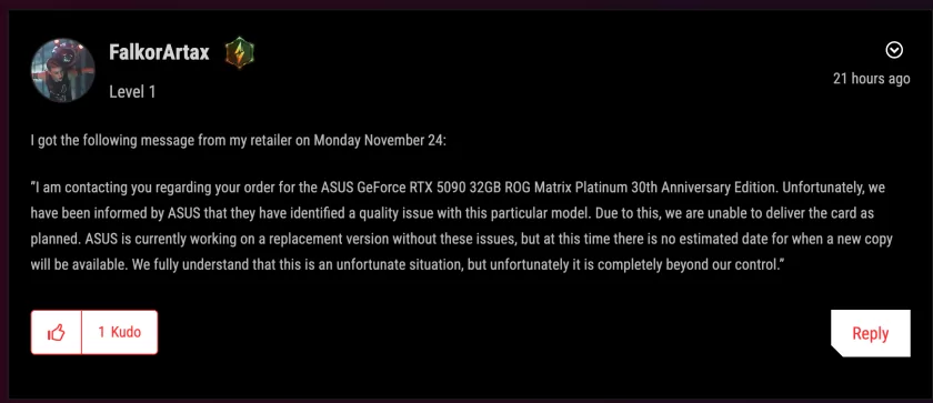 ASUS поставила на паузу поставки флагманской ROG Matrix RTX 5090 из-за проблем с качеством