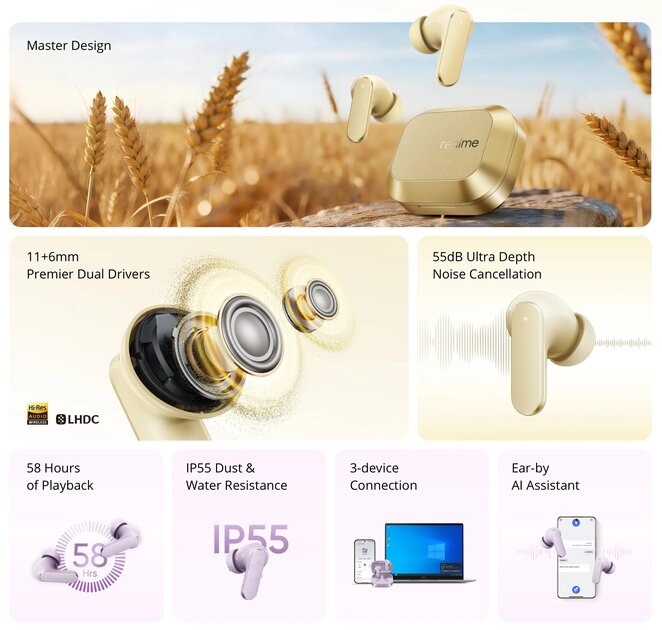 Представлены наушники realme Buds Air8: активное шумоподавление и 58 часов работы