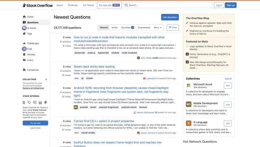 Stack Overflow тестирует новый дизайн интерфейса с акцентом на чат с ИИ