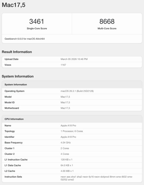 Появились первые тесты MacBook Neo в Geekbench: результаты вполне ожидаемые