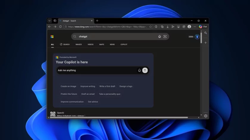Windows 11 демонстрирует интерактивный виджет Copilot при поиске ChatGPT в Bing