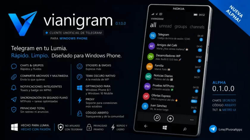 Создано приложение Vianigram — это клиент Telegram для Windows Phone