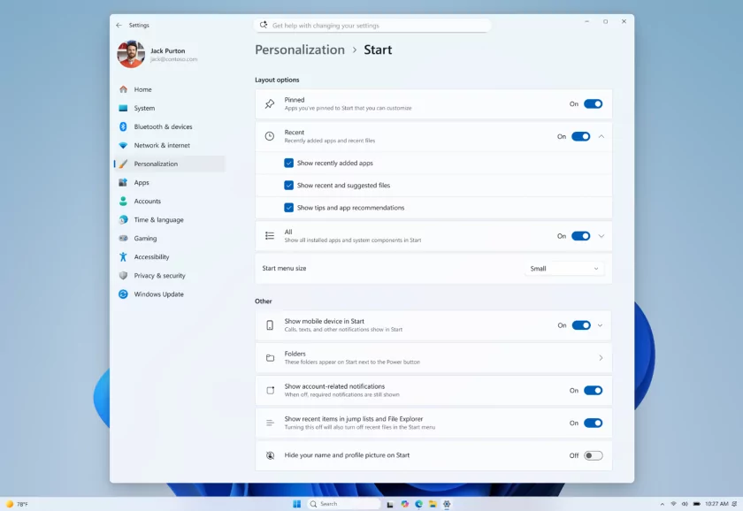 В Windows 11 появилась возможность менять размер меню «Пуск» и скрывать разделы