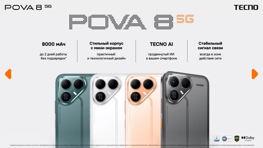 Представлен TECNO POVA 8 с батареей 8000 мА·ч и матричным экраном на задней панели