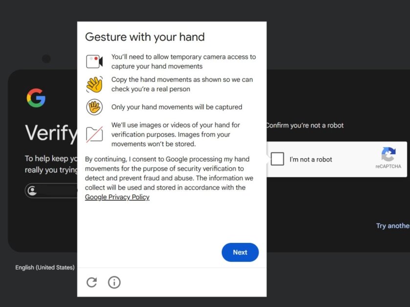Google тестирует новую «капчу» с использованием камеры и верификацией по жестам руками