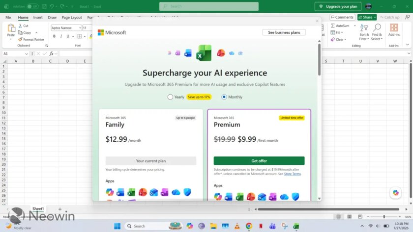 Пользователи Microsoft Office возмущены навязчивой рекламой, предлагающей более дорогие тарифы