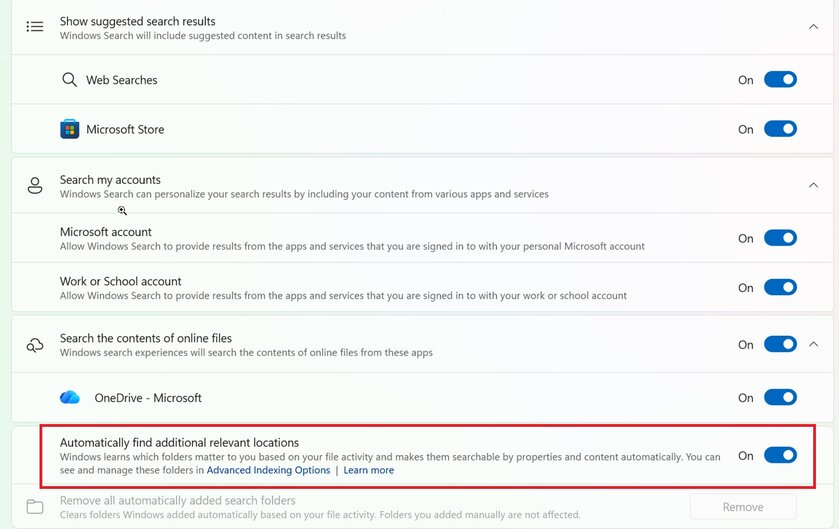 Поиск Windows 11 начнёт искать файлы в папках, которые пользователь действительно использует