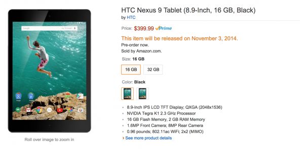 Nexus 9 доступен для предварительного заказа на Amazon по цене 399 долларов