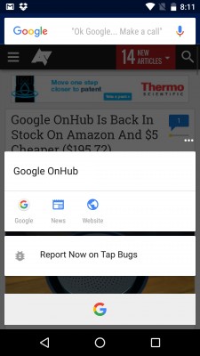 Приложение Google для Android M Preview 3 получило функцию On Tap