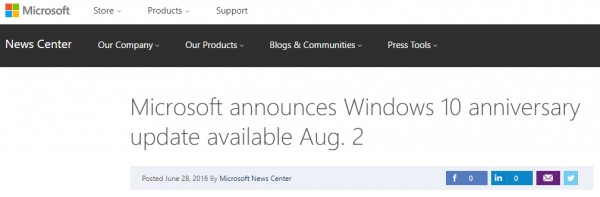 «Юбилейное обновление» Windows 10 выйдет 2 августа