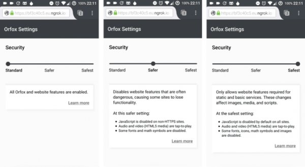 В Orfox можно устанавливать уровень безопасности как в браузере Tor