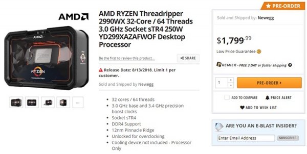 AMD открыла предзаказ на 32-ядерный Ryzen Threadripper 2990WX