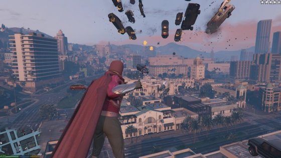 Магнето в GTA V бросает машины и крушит полицейских